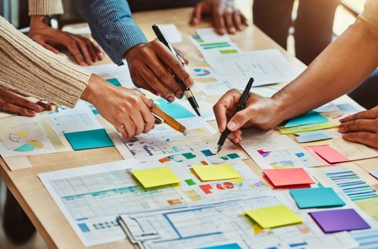 Hände von mehreren Personen, die an einem Tisch mit Notizen und Plänen arbeiten.