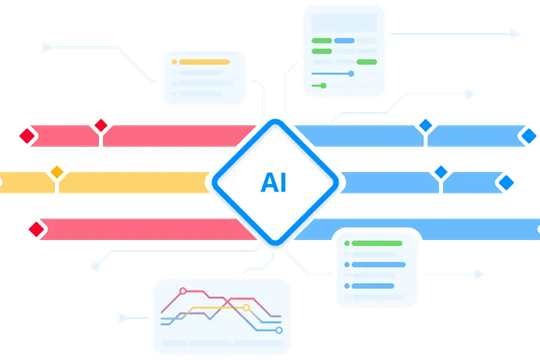 Grafik, die die Interaktion zwischen KI und Datenfluss darstellt, mit bunten Linien und Diagrammen.